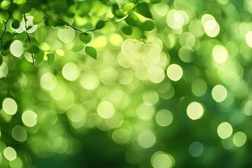 Fototapeta premium Abstract blurred green foliage backdrop with golden bokeh dots, versatile for corporate presentations, book covers, and wellness app interface designs.
