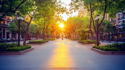 Obraz premium Sunrise City Street Walkway, Buildings, Sunlight