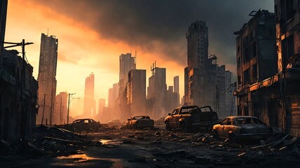 Obraz premium Digital Painting of a Ruined City at Sunset, Dark and Desolate Streets with Abandoned Cars
