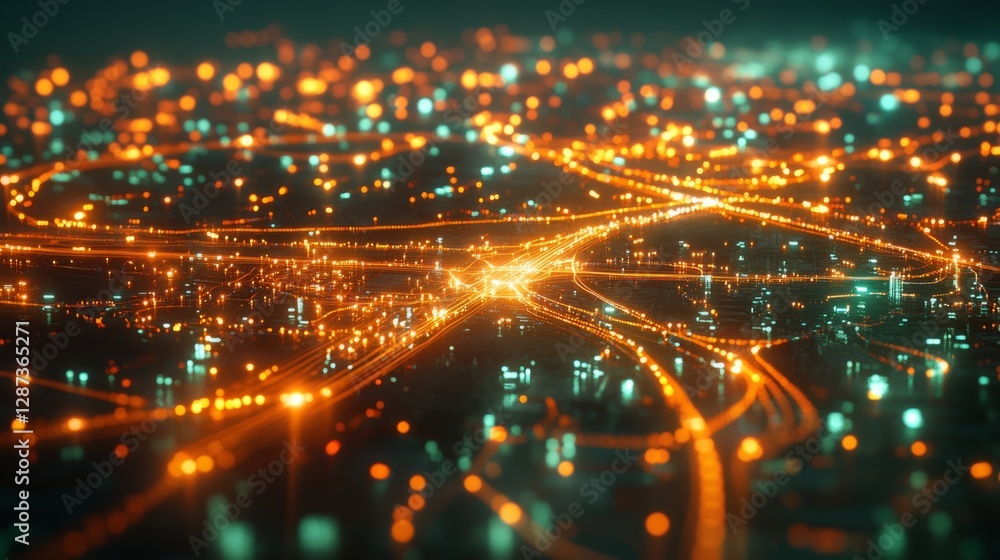 Poster cyber big data flow with blockchain network connections and streaming digital lines, showcasing adva