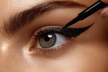 Close-up of a woman applying eyeliner with precision. A focus on beauty and personal grooming reflects modern makeup techniques and artistry.
