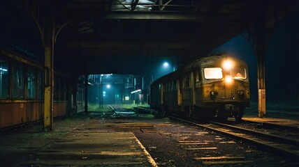 Naklejka premium Night Atmosphere at an Old Abandoned Train Station