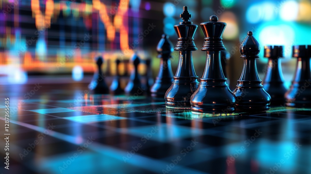 Poster strategizing on the trading chessboard global arena interactive guide digital landscape player persp