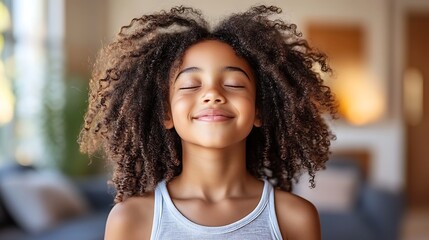 Child with closed eyes, relaxed expression. Home interior. Stock photo
