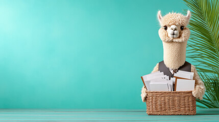 fluffy alpaca in formal vest holds basket of letters against teal background