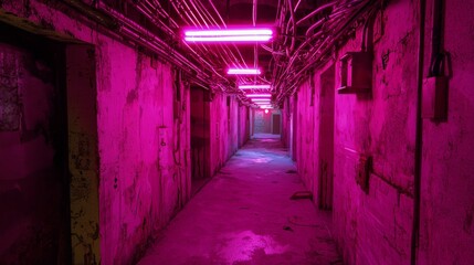 Narrow Passageway Lit by Vibrant Neon Lights in Urban Setting