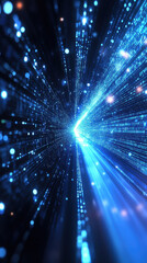 Naklejka premium Digital stream of blue light and data particles creating depth and motion