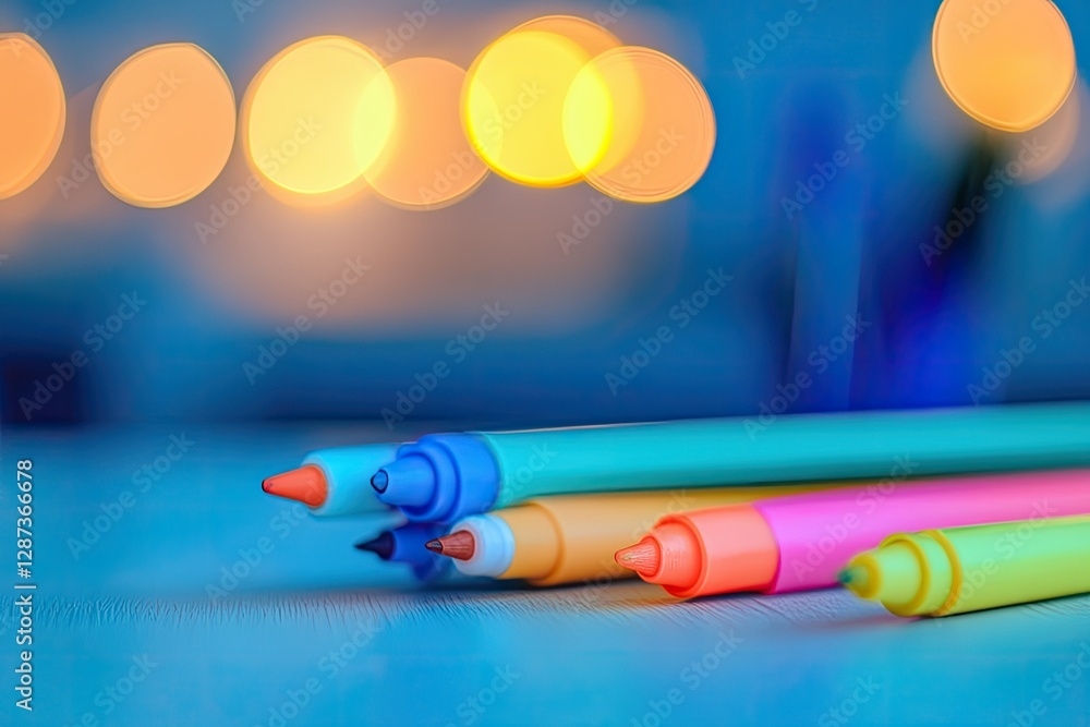 Poster high resolution visual of desk copy space with colorful markers