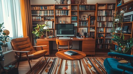 Cozy Home Office Setup With Bookshelf And Armchair.