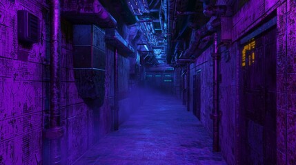 Fototapeta premium Twisting Corridors of Patched Metal with Neon Lighting and Fog
