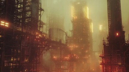 Fototapeta premium Towering Structures with Scaffolding in Urban Industrial Scene