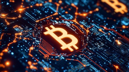 Cybersecurity concept with futuristic electronic circuit board and central processor showcasing blockchain technology, digital data protection, and secure network encryption in a high-tech blue glow b