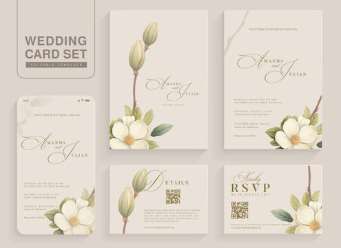 Set of Aesthetic Wedding Invitation Template with White Flower Arrangement
