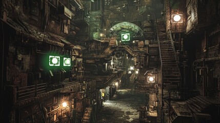 Cramped alleys with malfunctioning lights in an urban environment