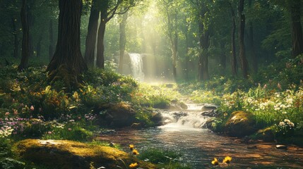 Fototapeta premium Enchanted Forest Stream: A Serene Waterfall Oasis