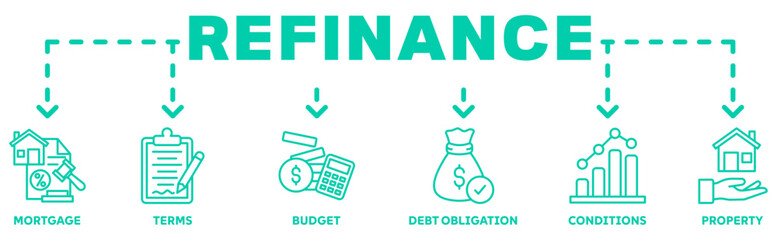 Refinance banner web icon vector illustration concept with icon of mortgage, terms, budget, debt obligation, conditions, property 