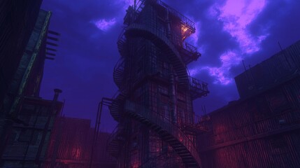 Vertical Shanty Tower Bristling Against a Dramatic Purple Sky