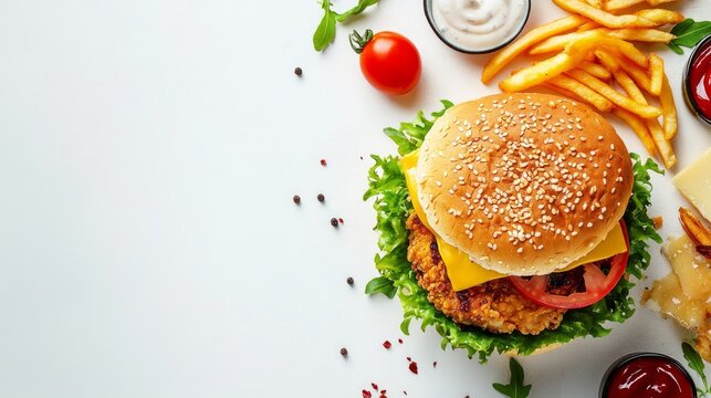 Low Angle Shot, Fried chickenn burger, chees sliced tomato sallad clean, white background 