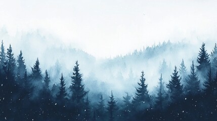 Serene snowfall scene enchanted forest watercolor art winter wonderland elevated view nature’s tranquility