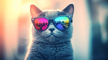 Cat wearing colorful reflective sunglasses in soft warm light. Fashionable feline with rainbow shades, cool style concept