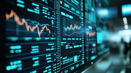 Fototapeta premium A close-up view of digital financial charts and data displays, showcasing market trends and analytics on a high-tech screen.