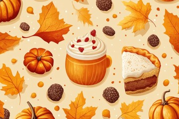 Autumn Harvest Delight: Pumpkin Spice Latte, Pie, and Fall Leaves