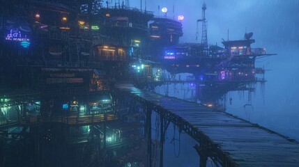 Rainy Night on a Multi-Level Boardwalk in a Neon City
