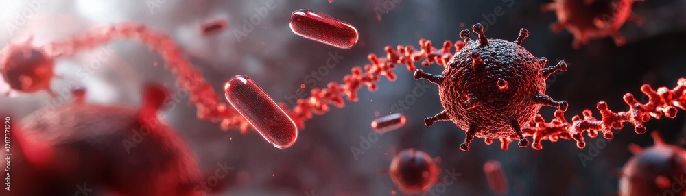 Poster a vivid representation of a virus interacting with genetic material, showcasing the complexity of mi