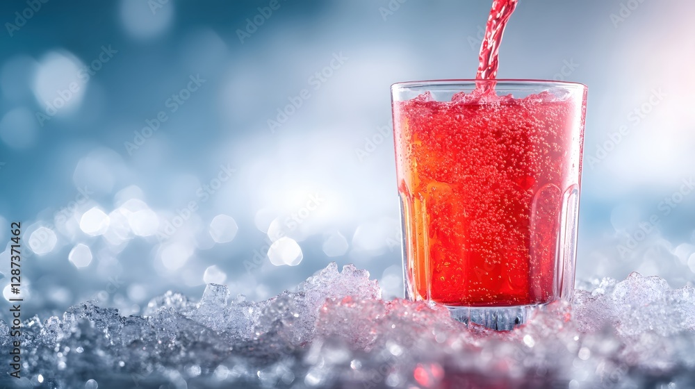 Poster refreshing red beverage being poured into a clear glass on ice against a blurred blue background cre