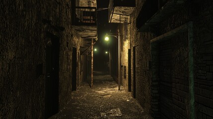 Dimly Lit Alley with Faint Neon Lights in Urban Environment