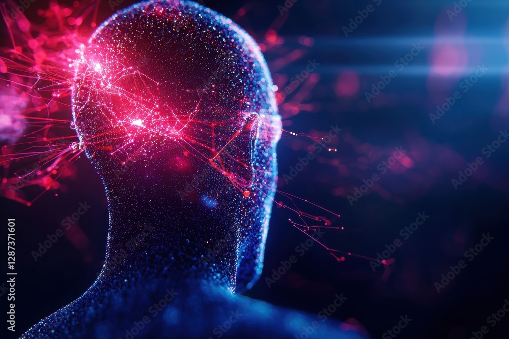 Poster a digital representation of a human figure with glowing neural connections, emphasizing technology a