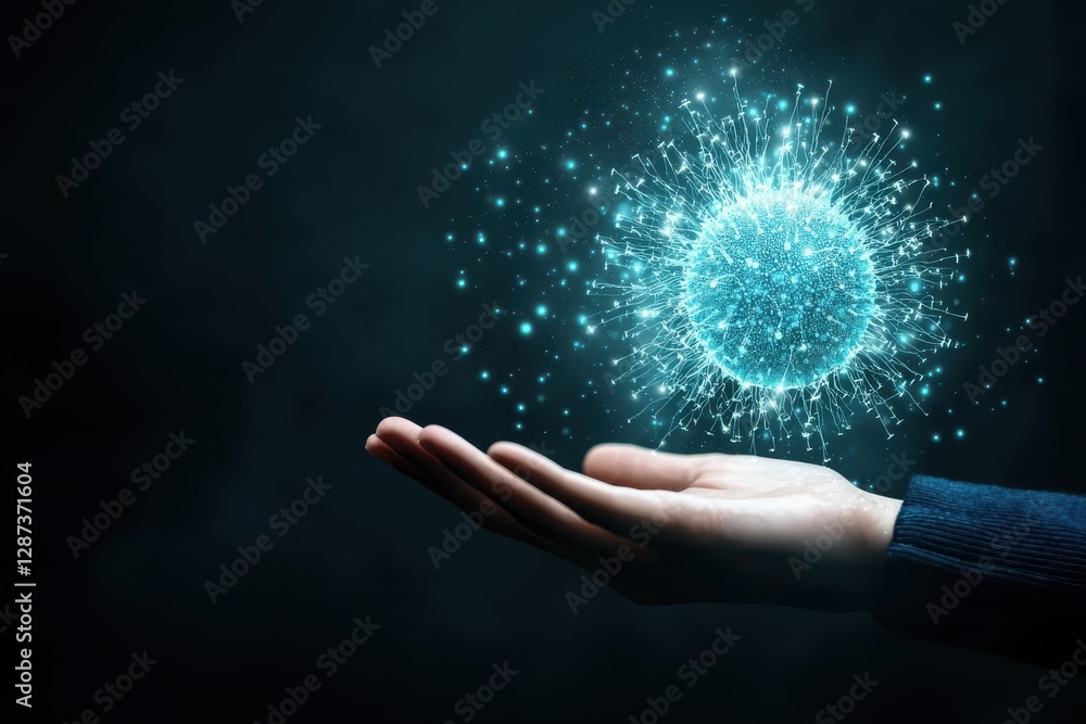 Aufkleber a glowing sphere of light hovers above a hand, surrounded by particles, creating a mystical and ench