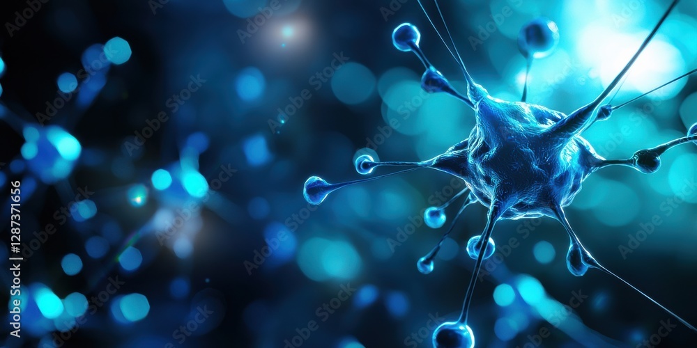 Poster a close-up view of a blue neuron surrounded by glowing particles, illustrating the intricate beauty 