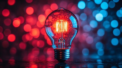 Illuminated lightbulb, colorful bokeh background