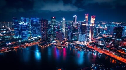 Fototapeta premium Singapore Skyline At Night With Illuminated Buildings And Traffic.
