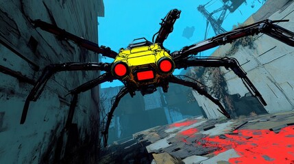 A vibrant, abstract representation of a yellow spider-like creature navigating a surreal landscape, featuring bold colors and dynamic lines. The