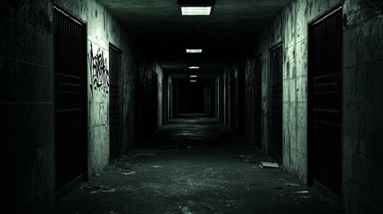 Dark Neon Corridor with Dripping Walls and Graffiti Art Accents