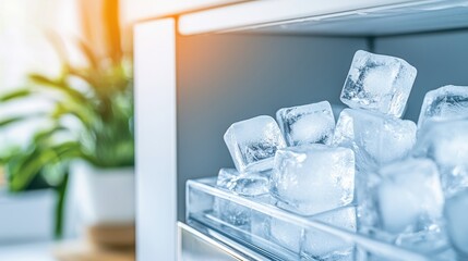 A close-up of clear ice cubes stored in a refrigerator, illuminated by natural light, with a green plant in the background.