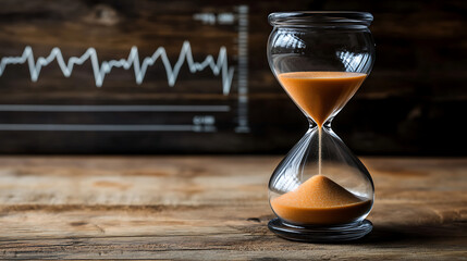 Hourglass and Stock Market Graph on Rustic Wooden Table