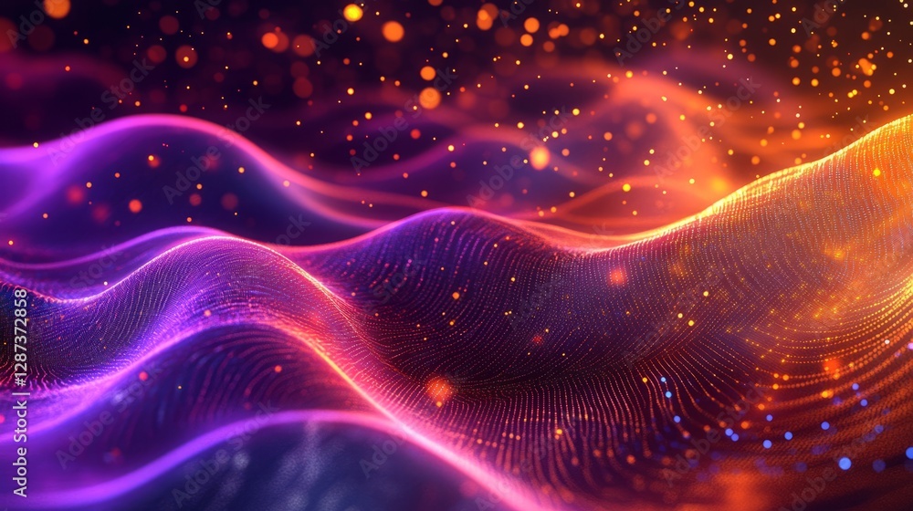 Poster futuristic digital technology network background featuring abstract particle flow, neural network co