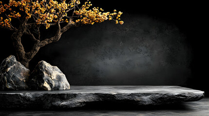 Bonsai tree on dark stone, product display