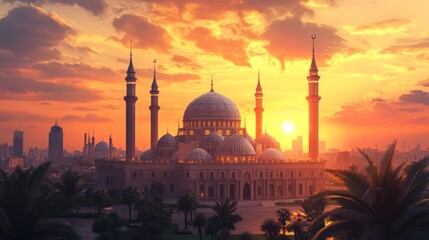 Mosque Silhouette at Sunset with Glowing Sky
