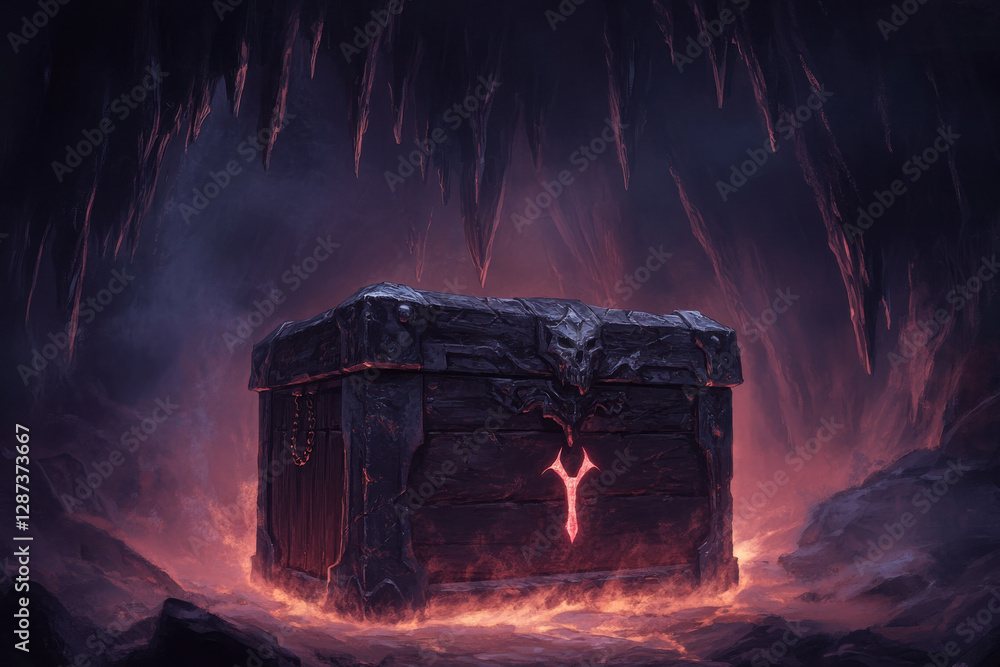 Poster a box with a red cross on it is surrounded by lava
