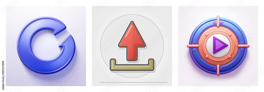 Poster three glossy icons in square frames: a blue circular arrow, a red upward arrow with a beige tray, an