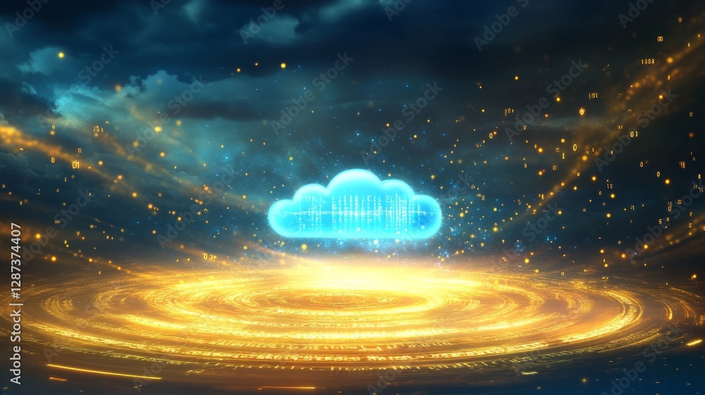 Poster futuristic digital cloud computing concept with holographic interface, glowing blue and golden light