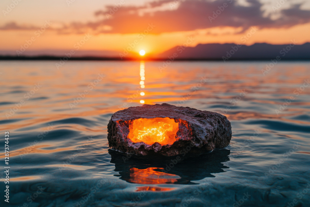 Poster a rock with a hole in it is floating in the ocean