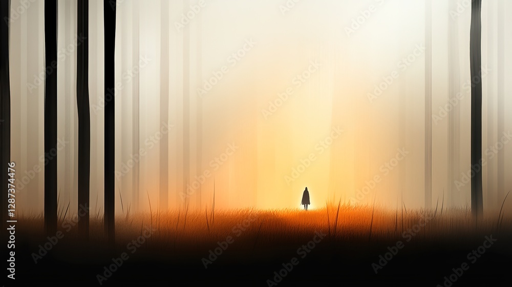Poster mysterious figure in a foggy forest at dawn with soft light