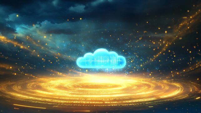  Futuristic digital cloud computing concept with holographic interface, glowing blue and golden light data streams, and abstract motion of binary code for high-tech information technology and cybersec