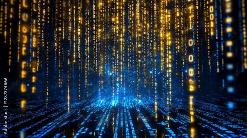 Poster futuristic digital cloud computing concept with holographic interface, glowing blue and golden light