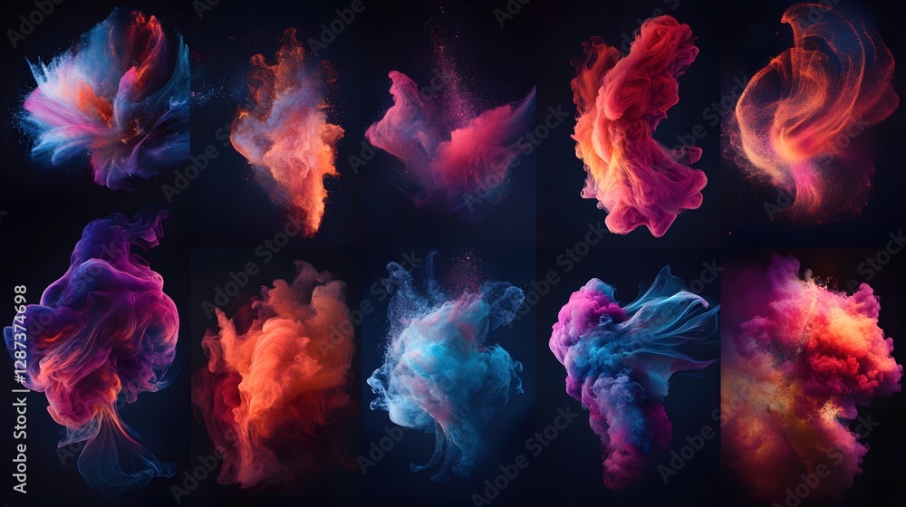 Poster ten abstract colorful smoke clouds on a dark background creating a mesmerizing and artistic visual d